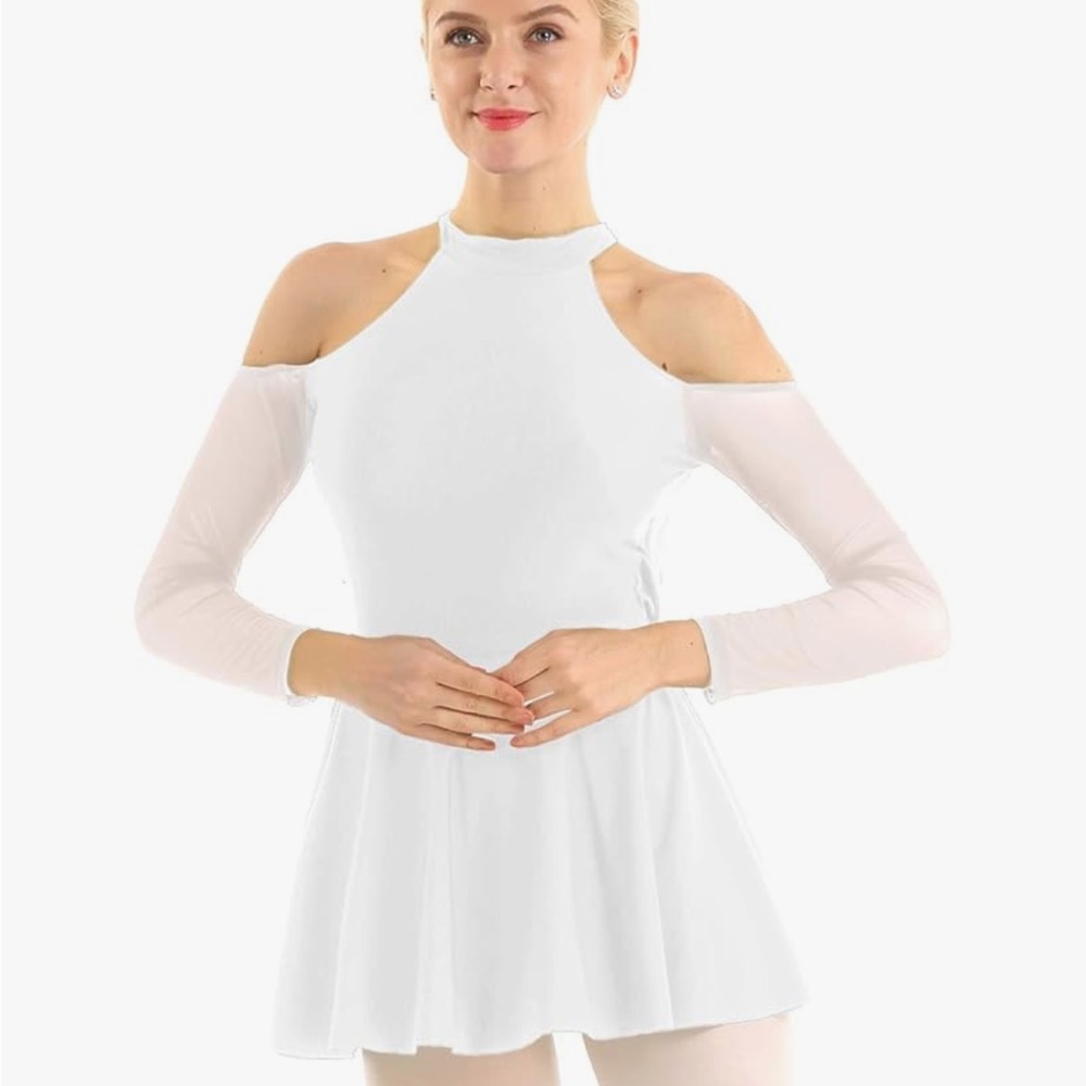 Women's RED Long Sleeve Mesh Splice Tutu Skirted Leotard